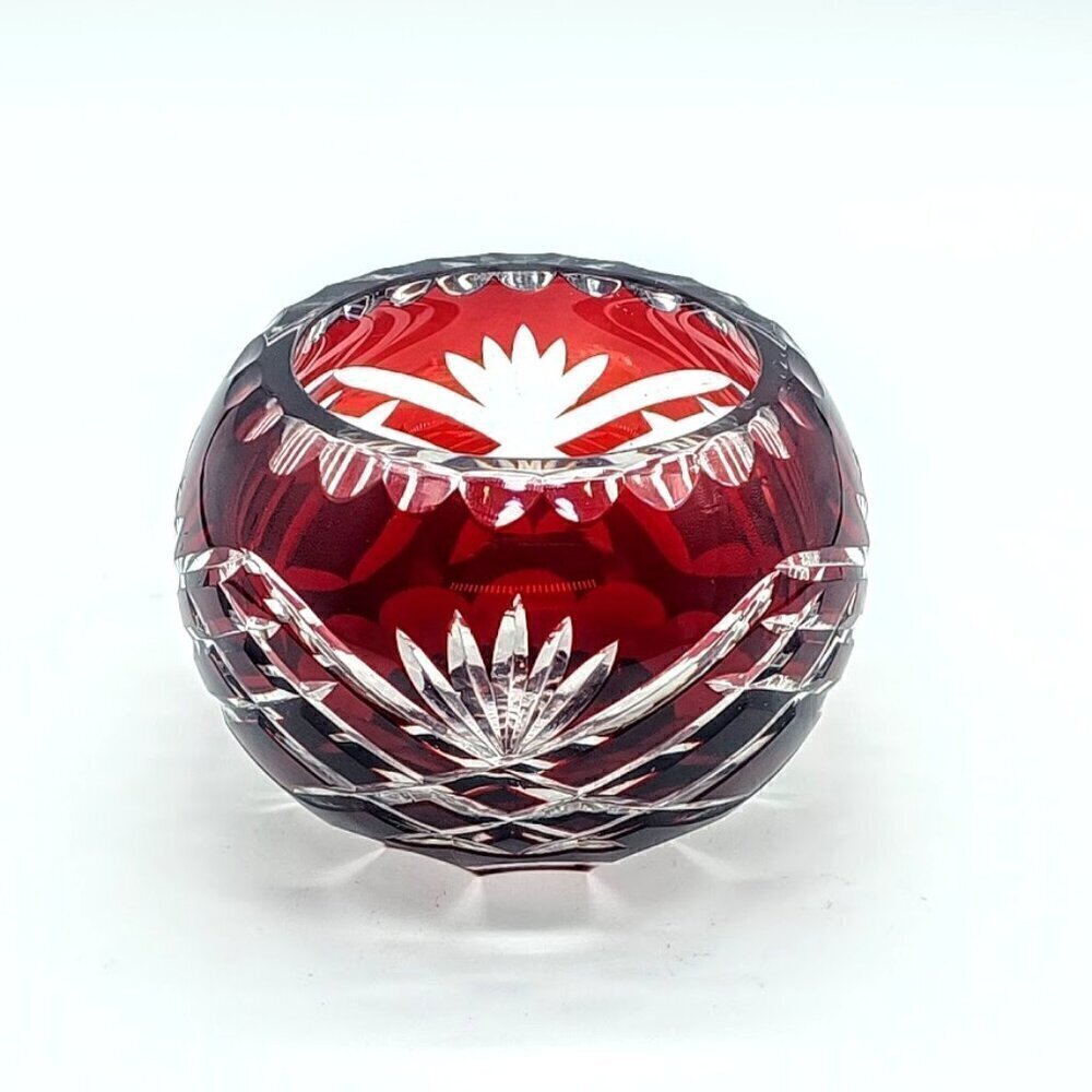 Bohemian Czech Crystal Ruby Red Cut To Clear Votive Candle Holder